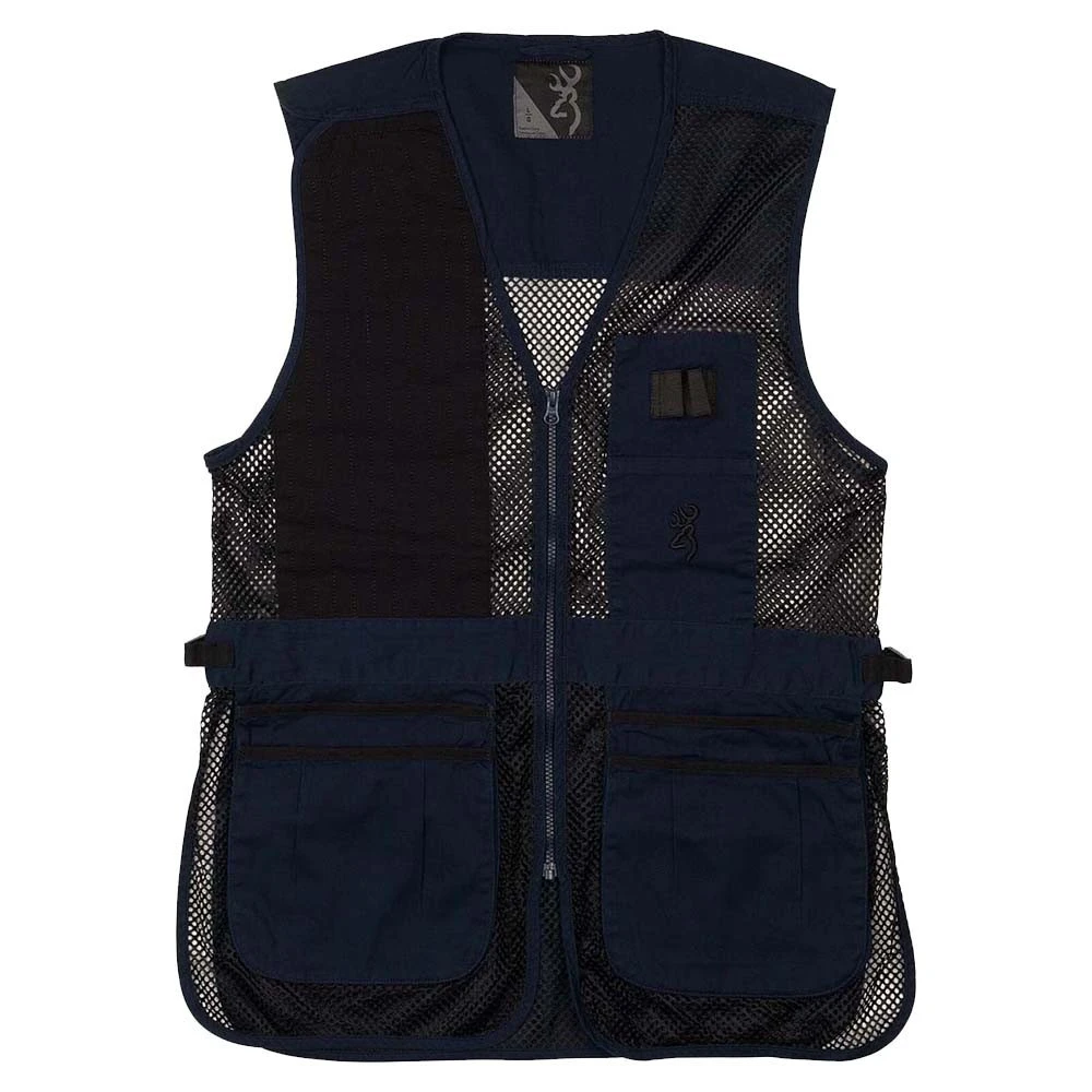 Navy and black mesh shooting vest with zipper, pockets, and right-hand pad.