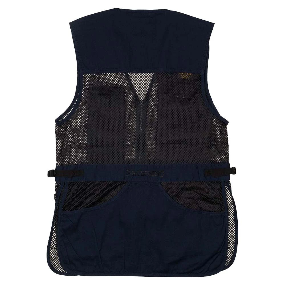 Rear view of a navy and black mesh Browning Trapper Creek shooting vest with large pockets.