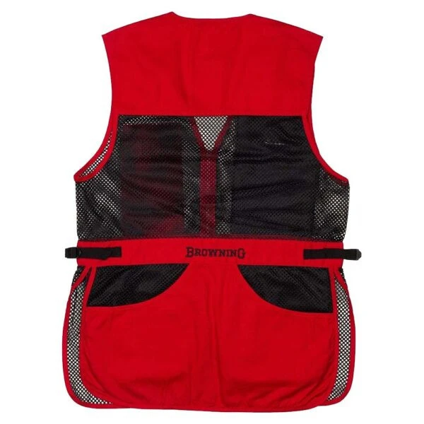 Back view of a red and black mesh Browning Trapper Creek shooting vest with adjustable side straps.