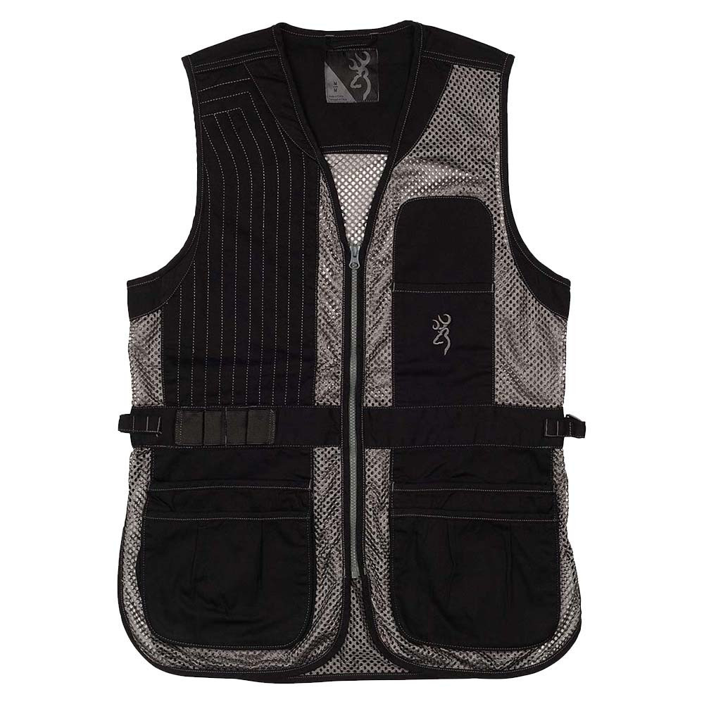 Browning women's shooting vest in black with gray mesh, featuring a full-length quilted shooting patch and large shell