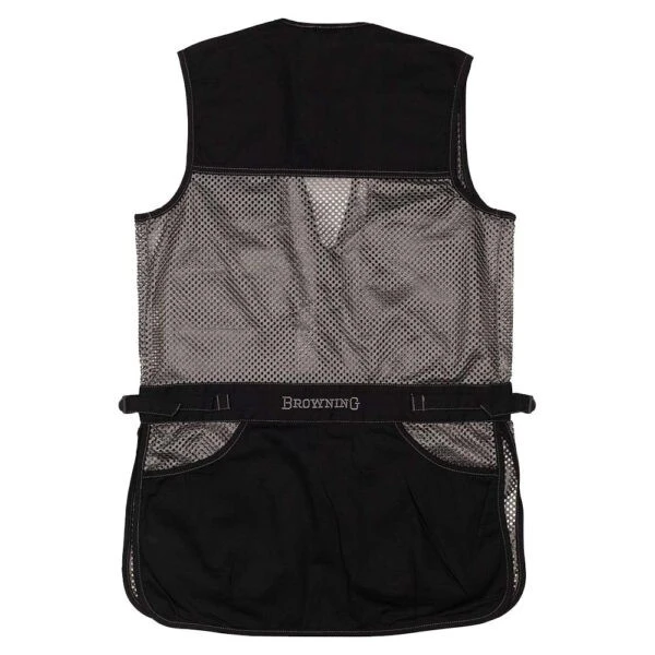 Back view of Browning black and gray mesh junior shooting vest with side tabs and large pocket.