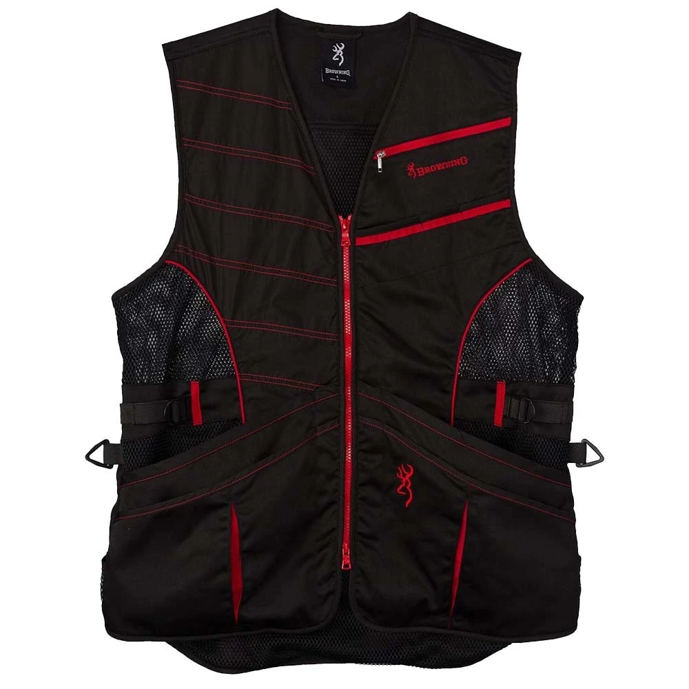 Black shooting vest with red accents, nylon and mesh, Browning logo, front zipper, pockets.