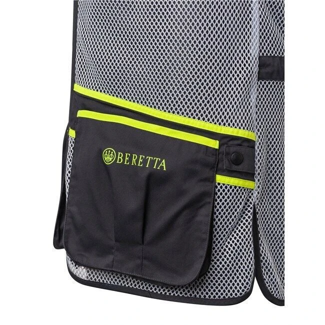 Close-up of a Beretta mesh shooting vest in ebony and ice grey, highlighting the front shell pocket.