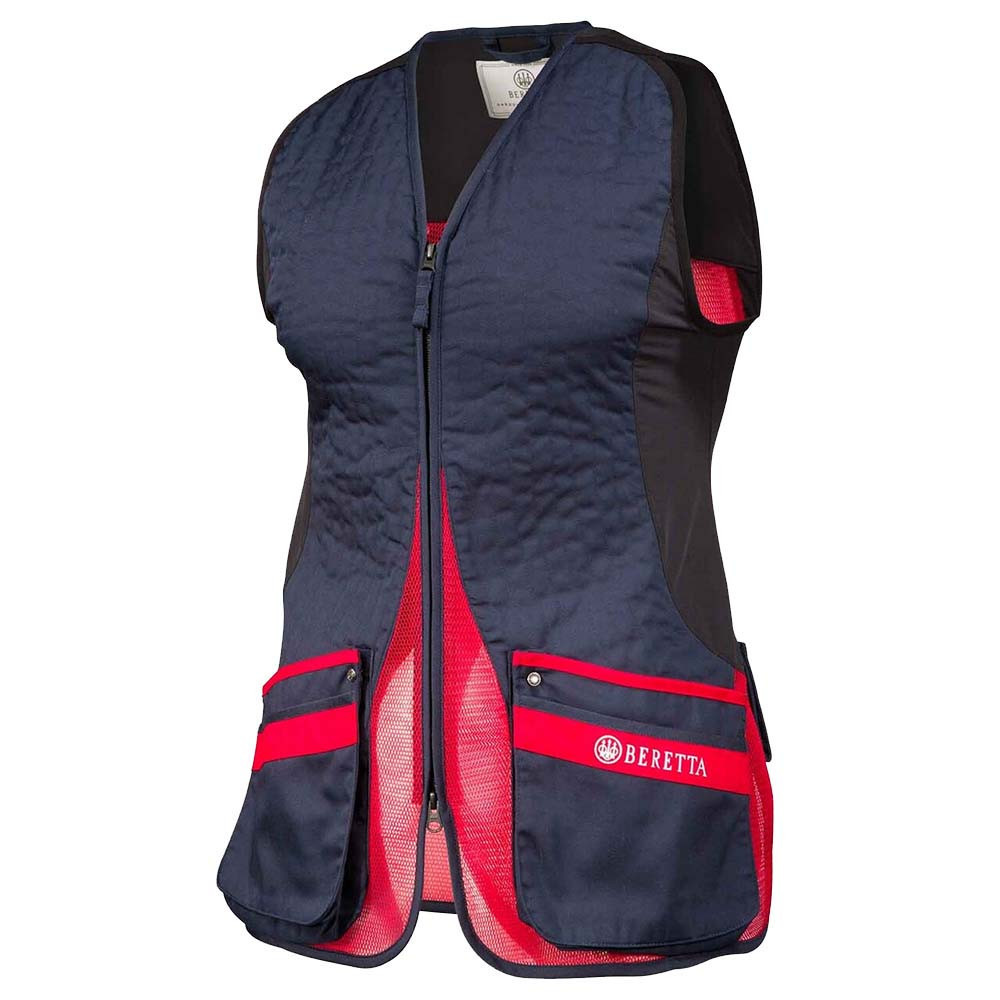 Beretta navy and red women's shooting vest with dual front pockets and zipper closure.