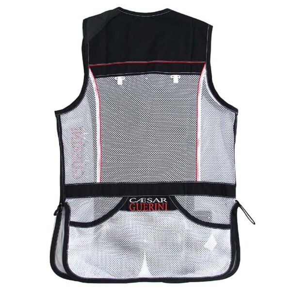 Back view of a black and white mesh Caesar Guerini shooting vest.