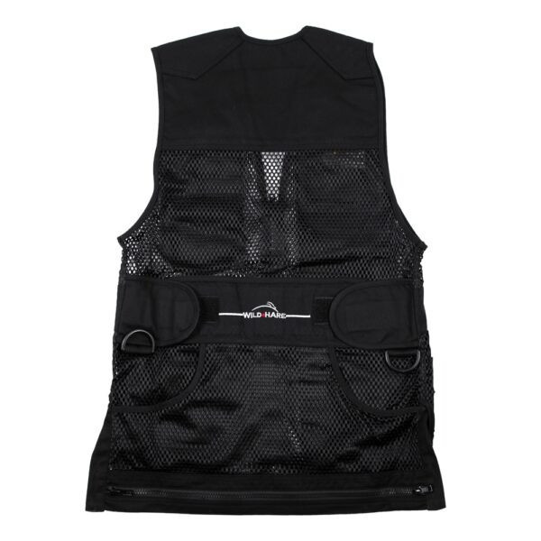 Back view of the black Wild Hare Heatwave Mesh Vest, featuring breathable mesh, solid fabric panels, and a rear zipper.