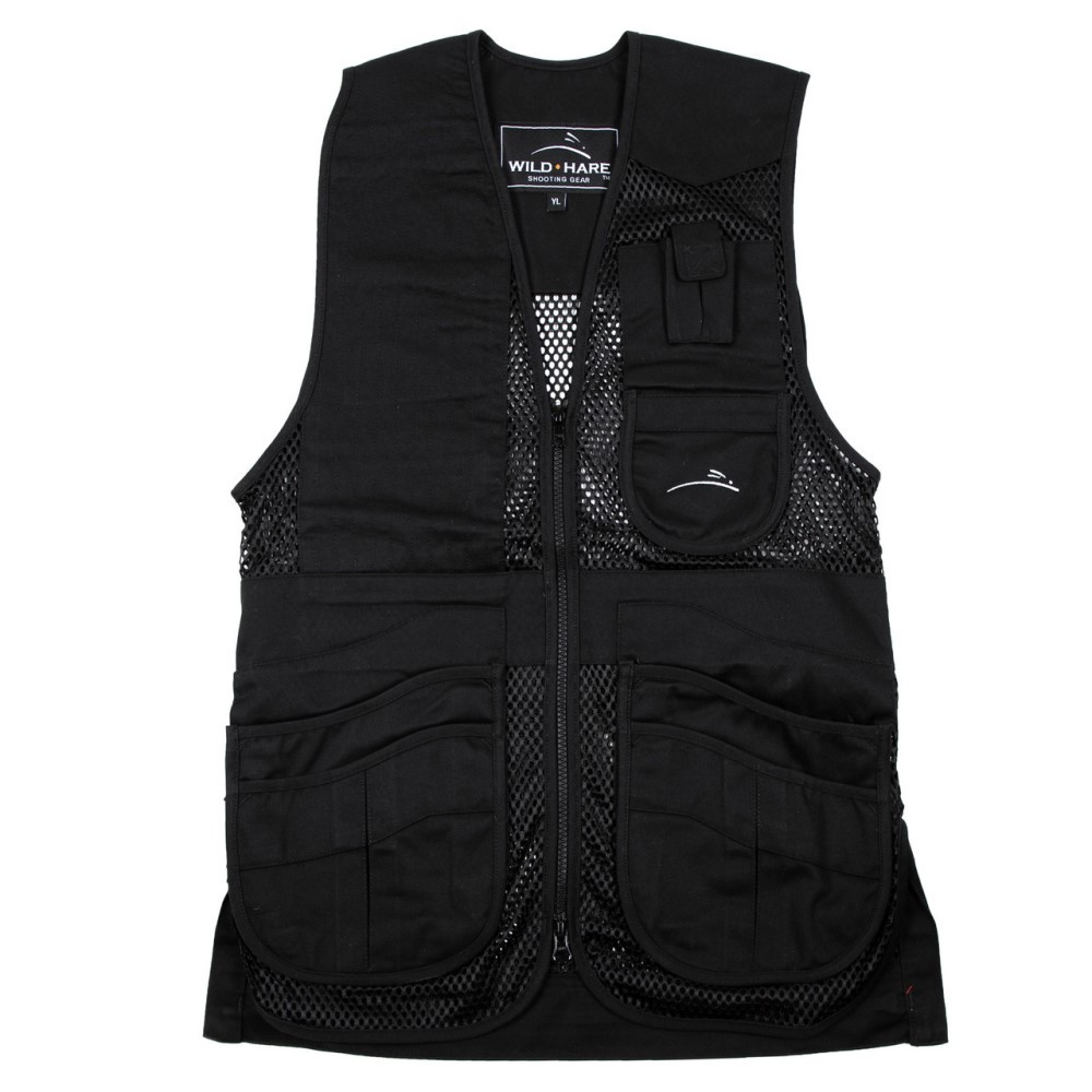 Front view of a black Wild Hare mesh shooting vest with multiple pockets and a zipper.