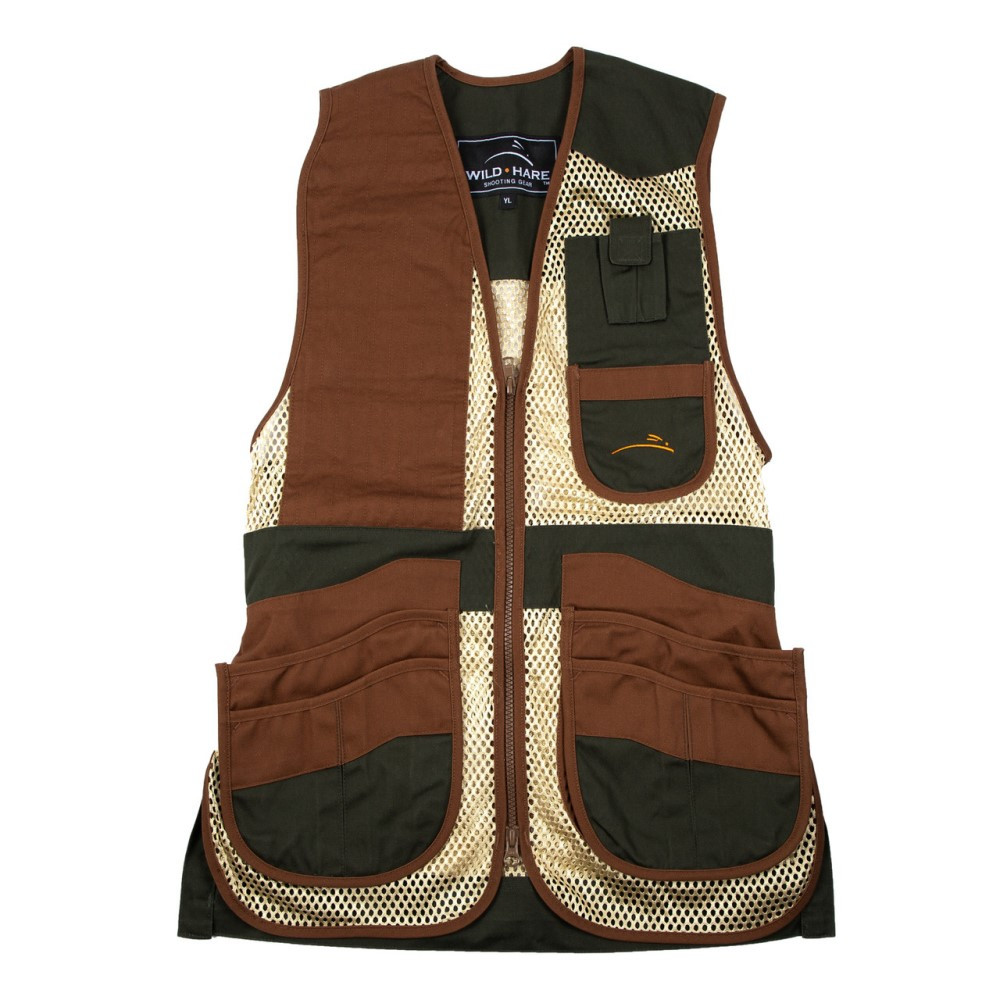 Wild Hare Heatwave Mesh Vest in forest green and brown with multiple pockets and a zipper.