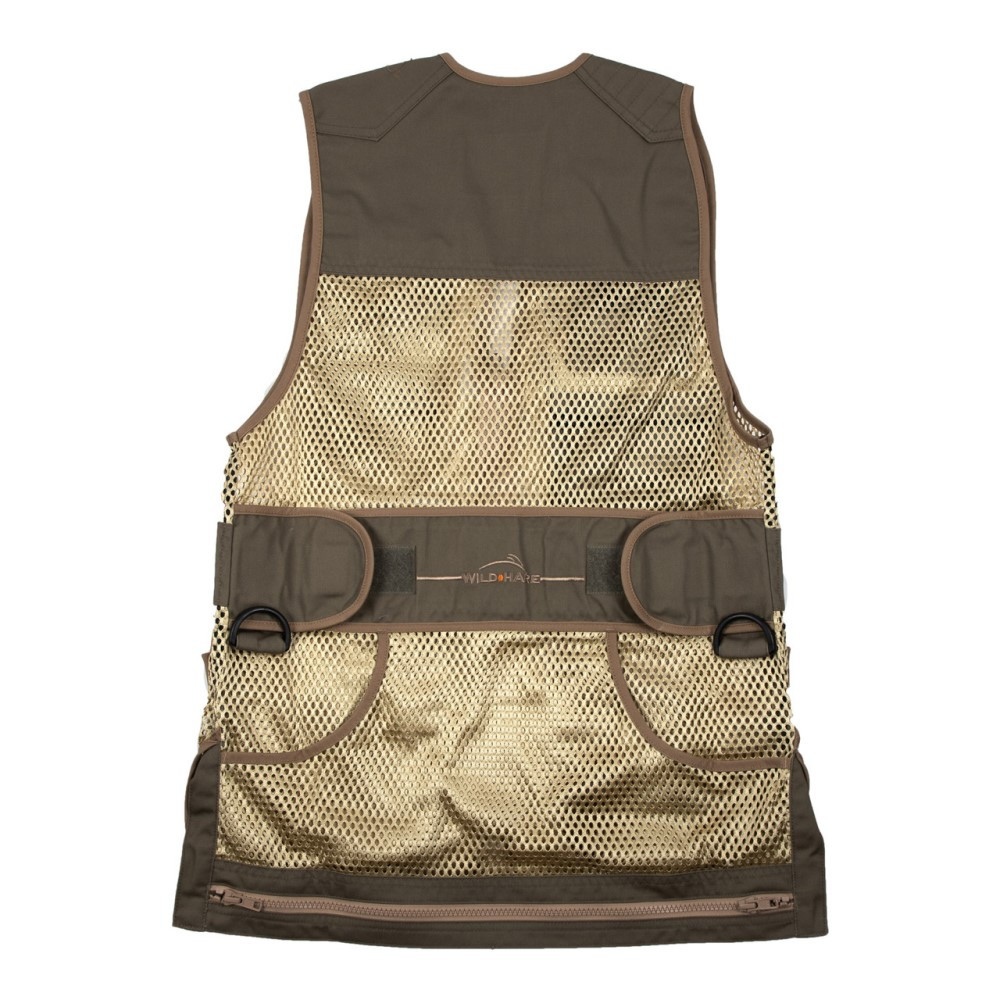 Back view of the sage and khaki Wild Hare mesh shooting vest with rear velcro straps and D-rings.