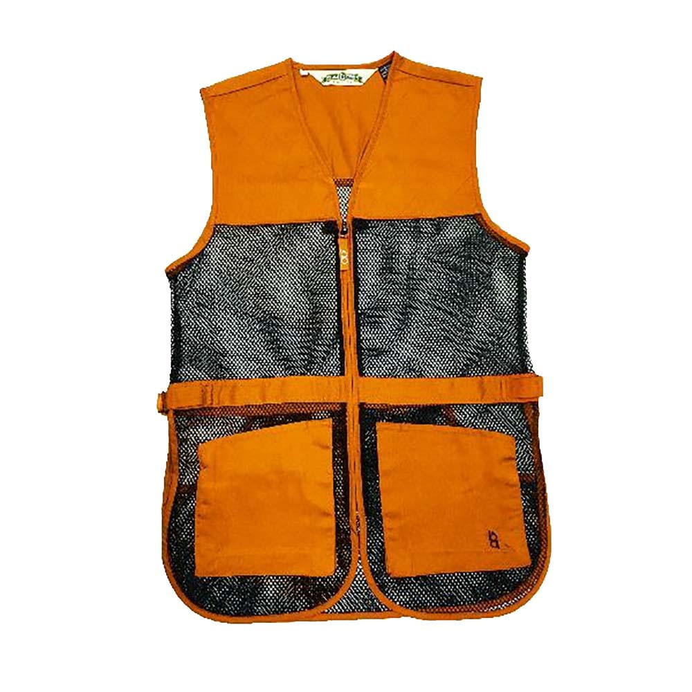 Bob Allen orange shooting vest with black mesh panels and front pockets.