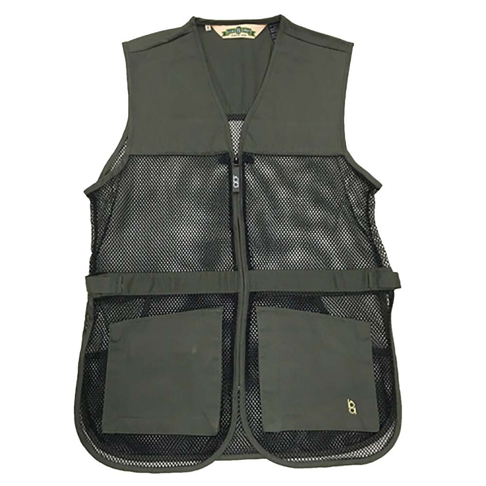 Bob Allen sage shooting vest featuring black mesh panels, front pockets, and a zipper closure.