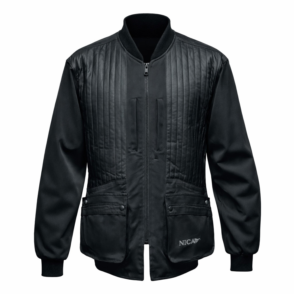 Black shooting jacket, quilted front panel, rib-knit collar and cuffs, two front pockets, Nica logo.