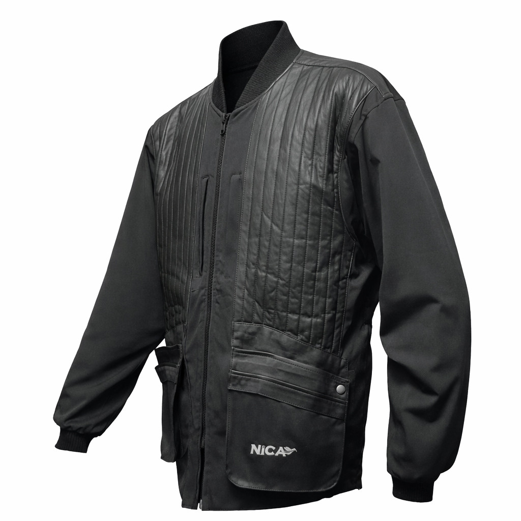Black shooting jacket with quilted leather front, nylon sleeves, and multiple pockets; Nica brand.