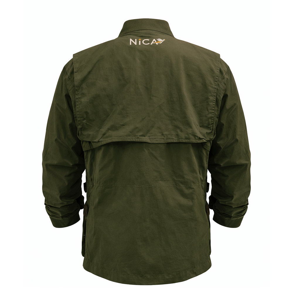 Olive green Nica Design9 Cool Weather Jacket, back view. Lightweight, water-resistant, with bi-swing back and mesh vent.