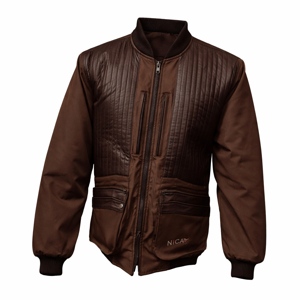 Brown Nica Design7 shooting jacket; quilted leather chest, nylon sleeves, zip front, rib knit cuffs and collar.
