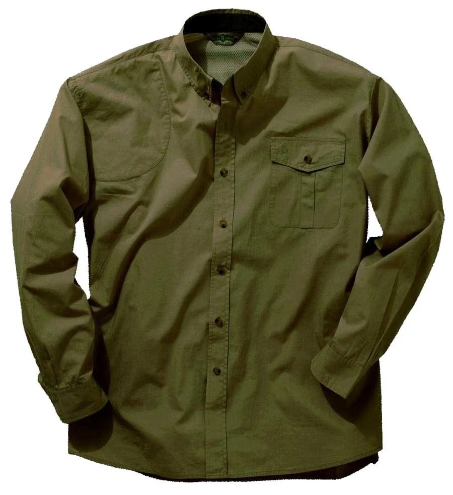Olive green Bob Allen long sleeve shooting shirt with mesh back and chest pocket
