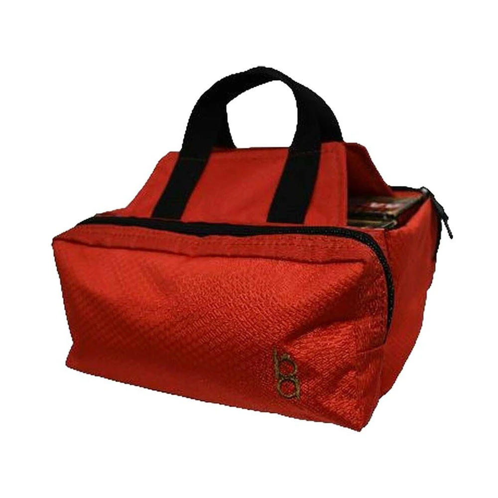 Red Bob Allen shell carrier with black handles and zipper, showing logo.