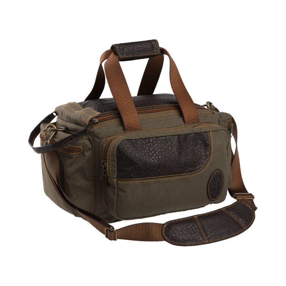 Olive Browning Laredo shooting bag with brown leather accents and strap