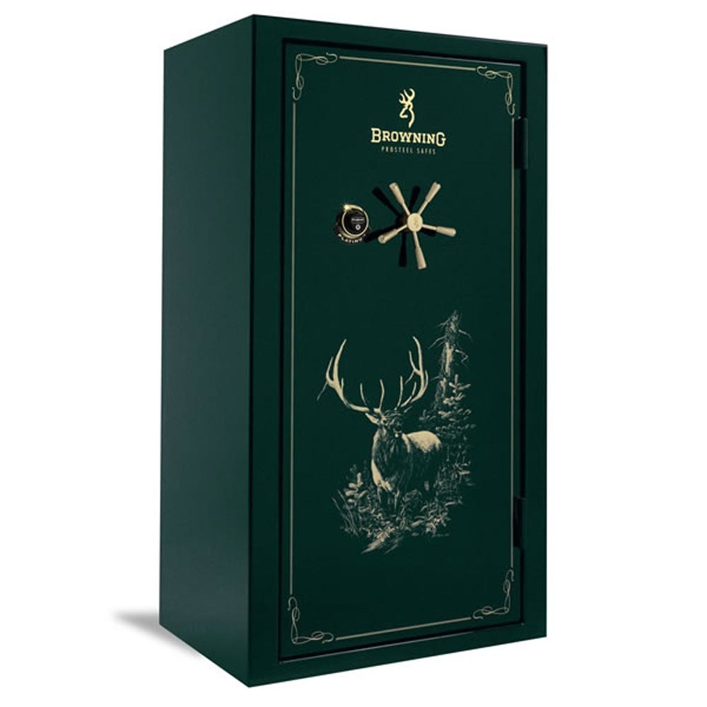 Dark green Browning Platinum Plus Series safe with deer graphic and gold accents.