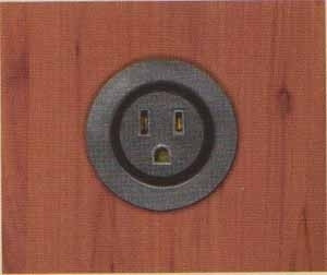 Circular black electrical outlet on wood grain background