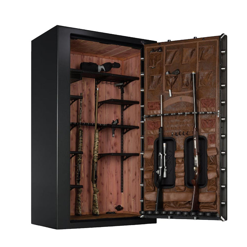 Black gun safe with open door, showing guns on cedar-lined shelves and brown door organizer.