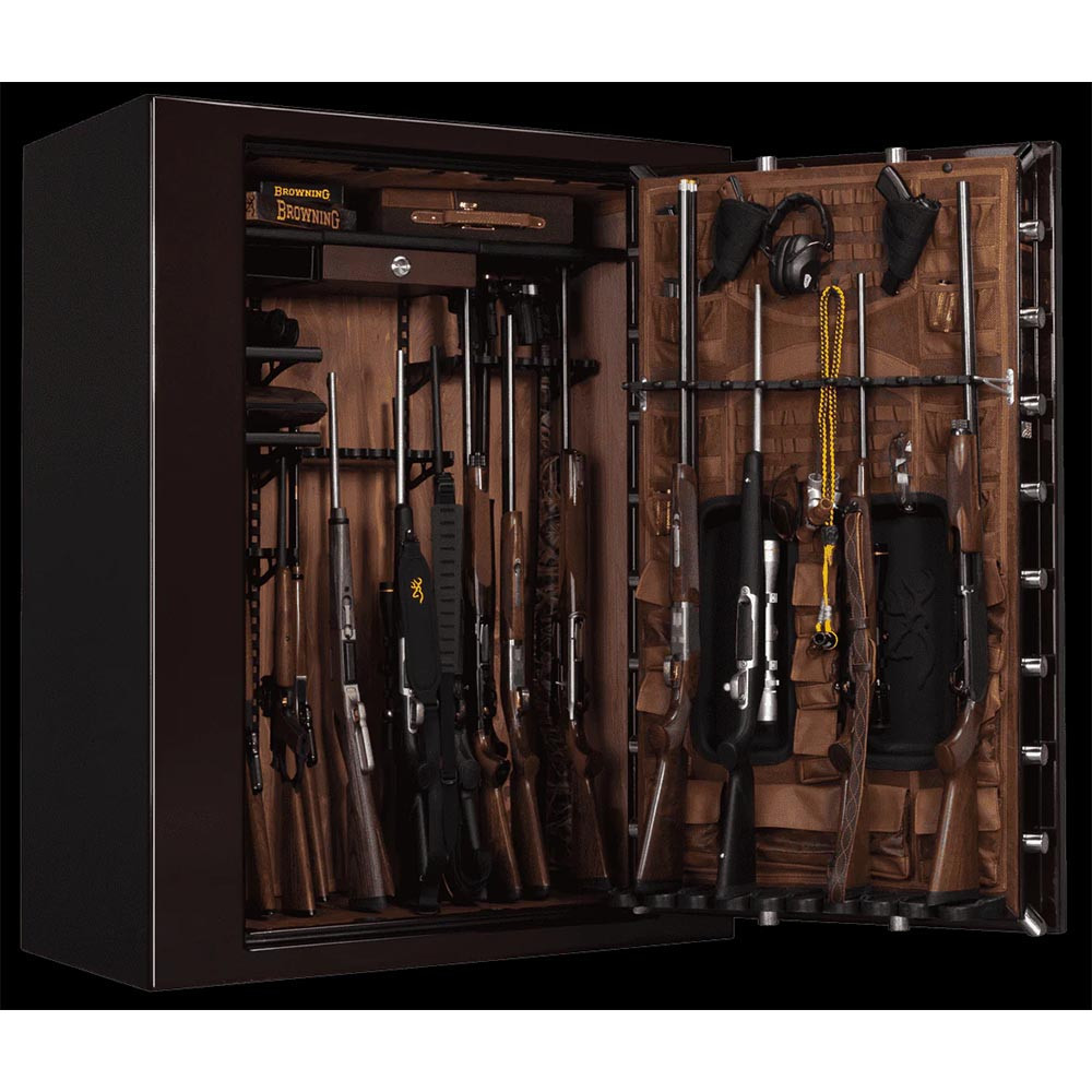 Open Browning gun safe with rifles, handguns, and accessories inside.