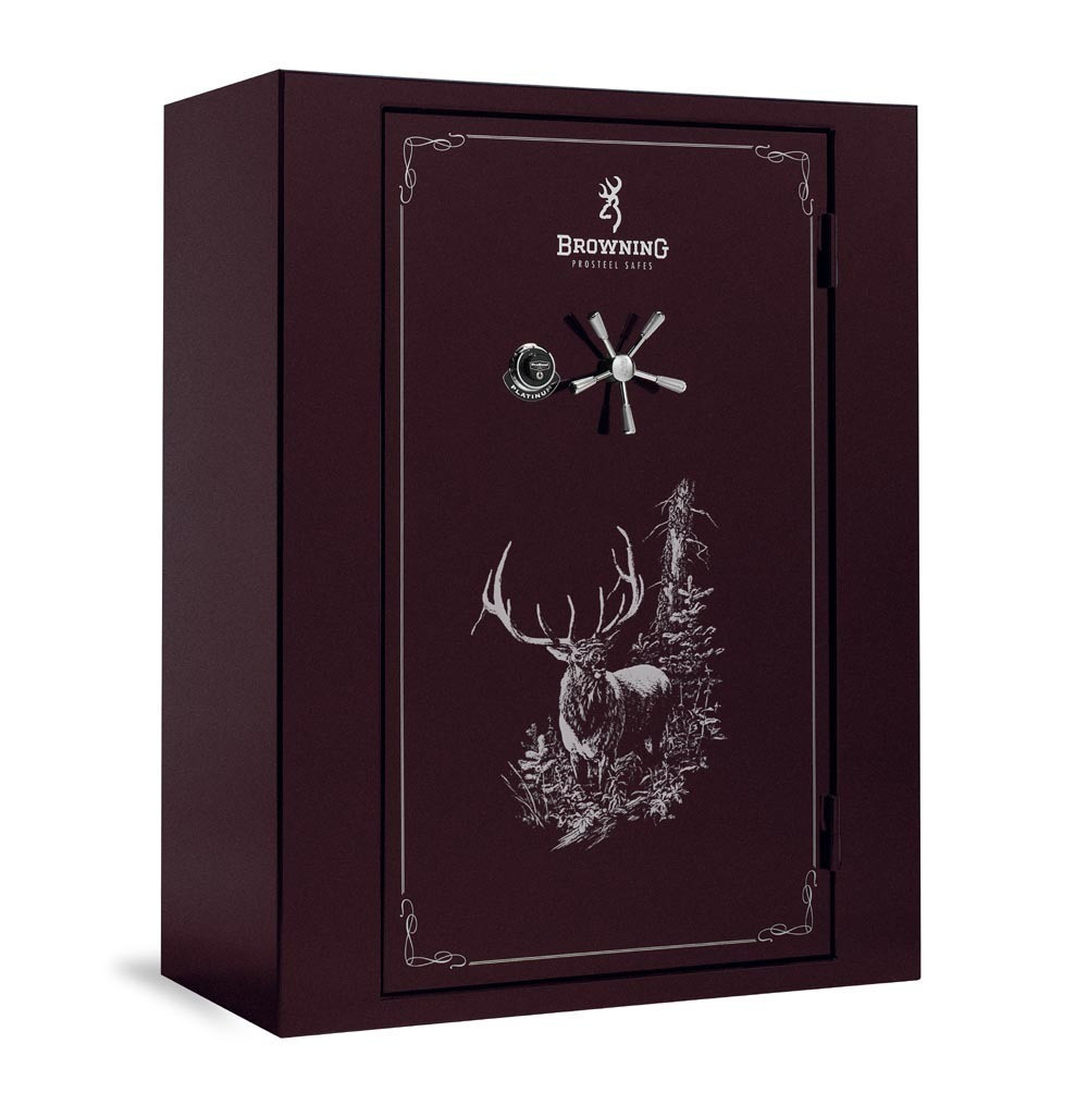 Browning Platinum Plus Series safe in burgundy with elk graphic and chrome handle.