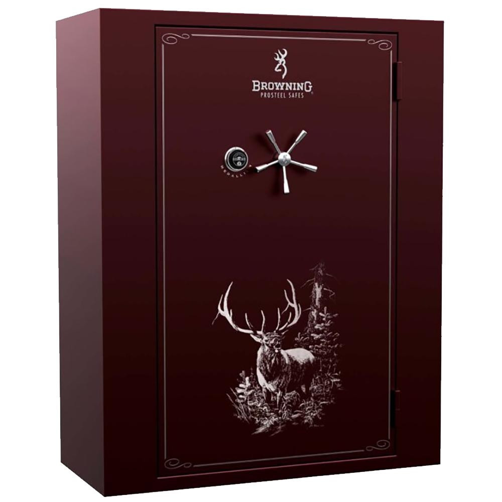 Maroon Browning safe with elk graphic, chrome handle, and Browning logo.