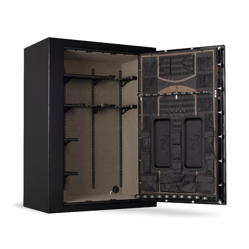 Black Browning Medallion Series safe, open door with interior shelves and DPX storage system.