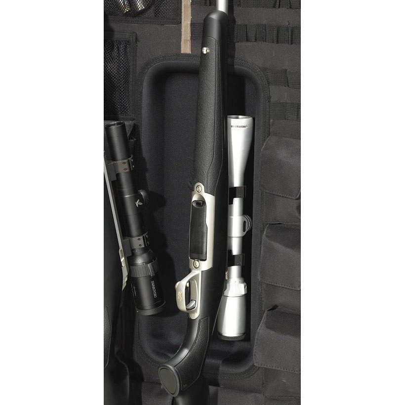 Black gun safe interior with scoped rifles and scopes.