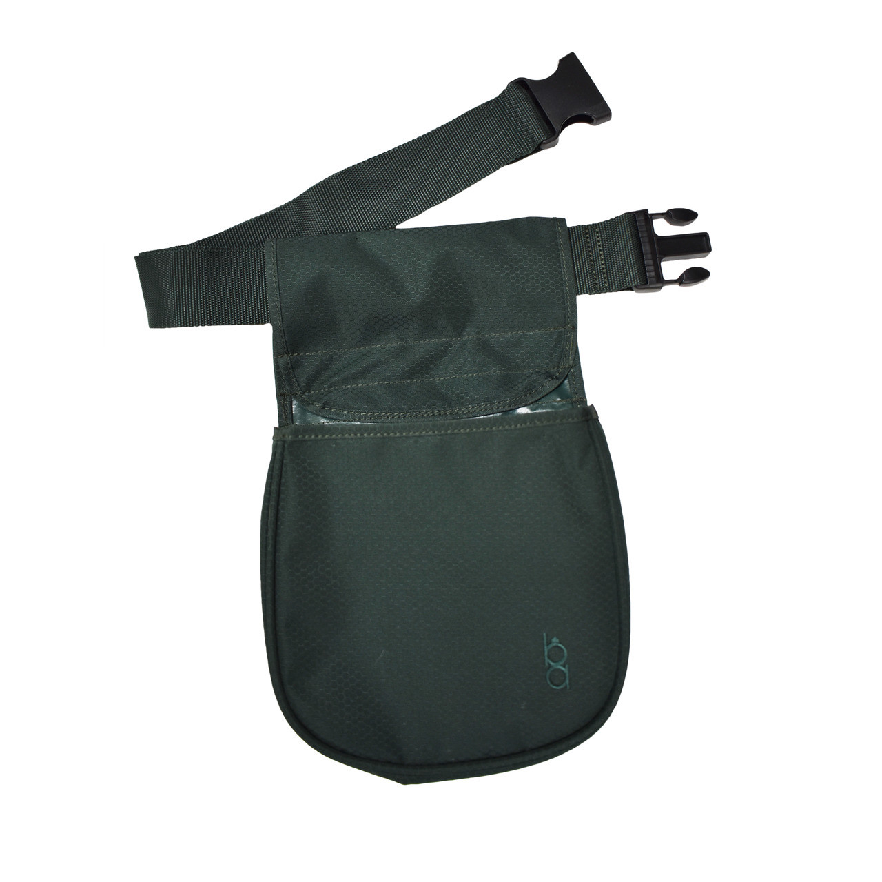 Green Bob Allen shell pouch with adjustable web belt and black buckle
