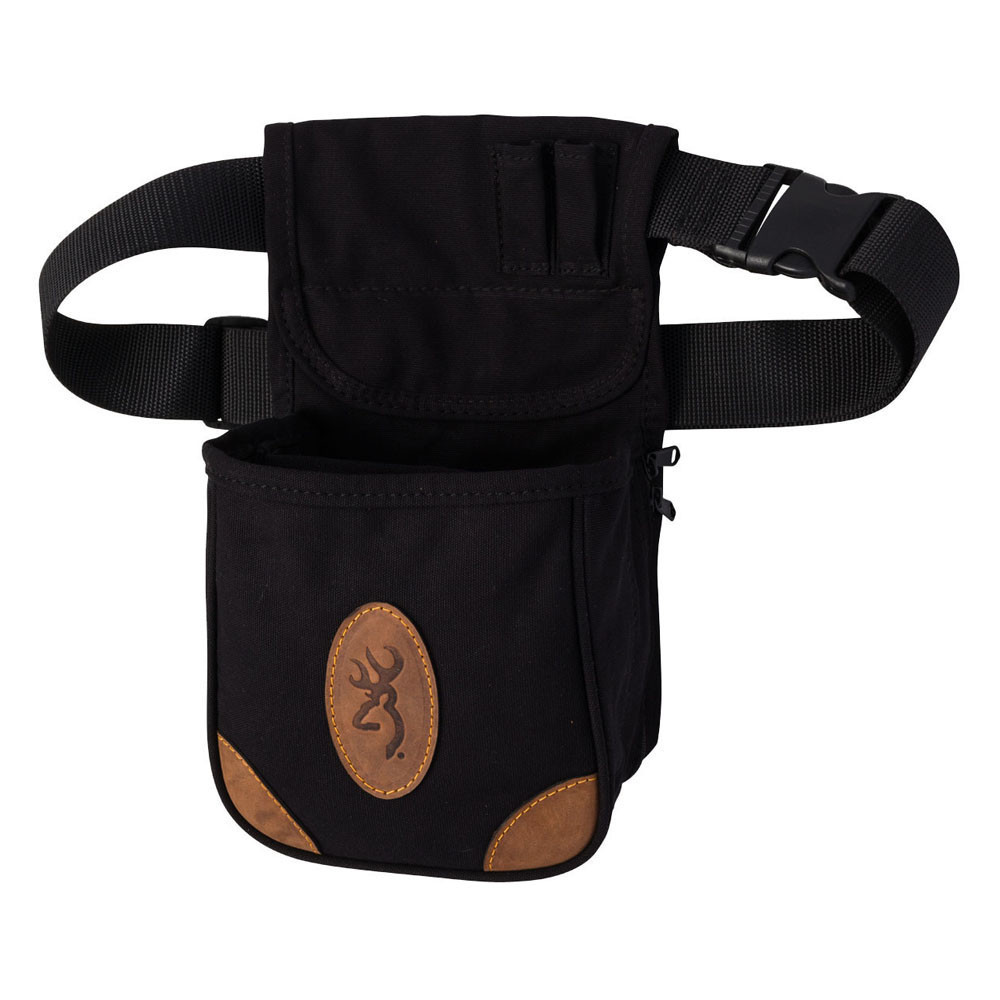 Black canvas shell pouch with leather trim and Browning logo, adjustable belt