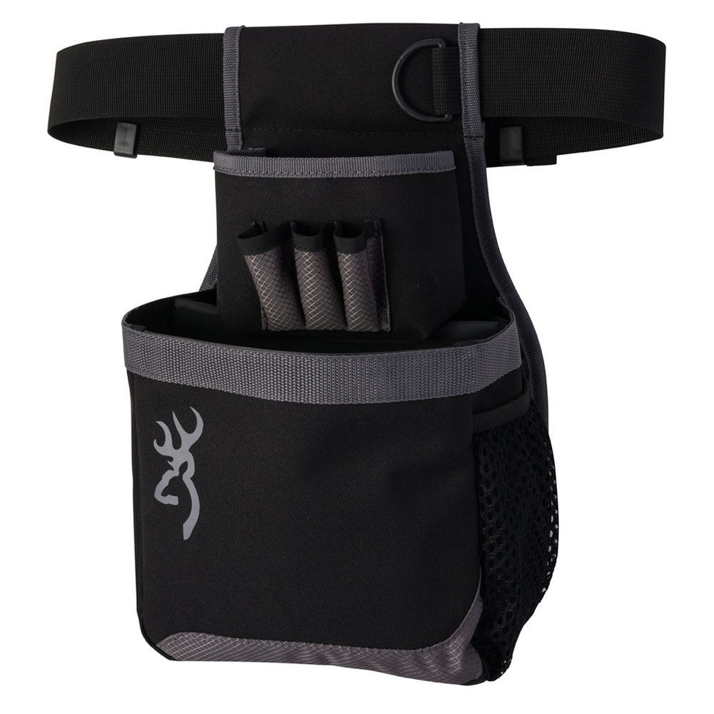 Black Browning shell pouch with gray trim and mesh pocket on adjustable belt
