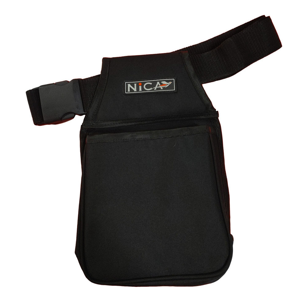 Black Nica shooting pouch with adjustable belt, buckle, and logo. Polyester material.