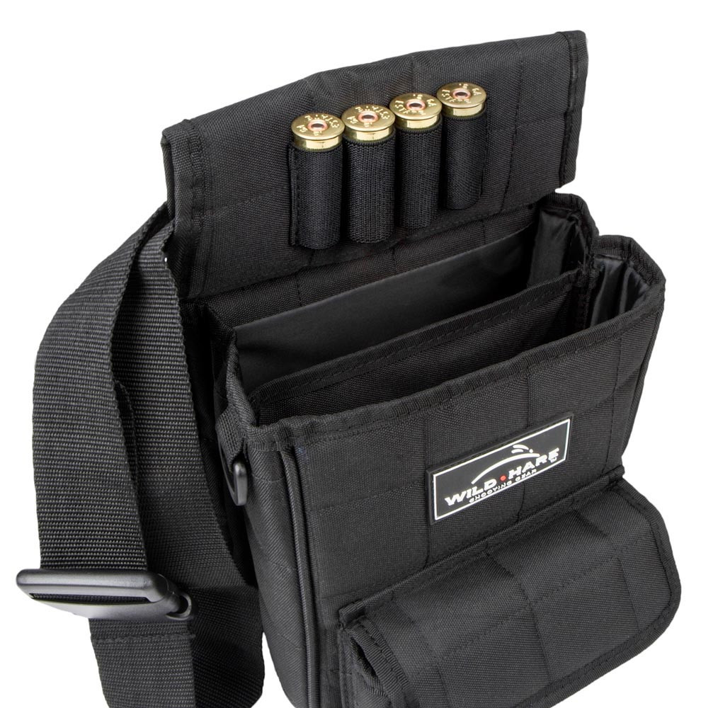 Black Wild Hare shell pouch with four shotgun shells, open compartments, and a logo.