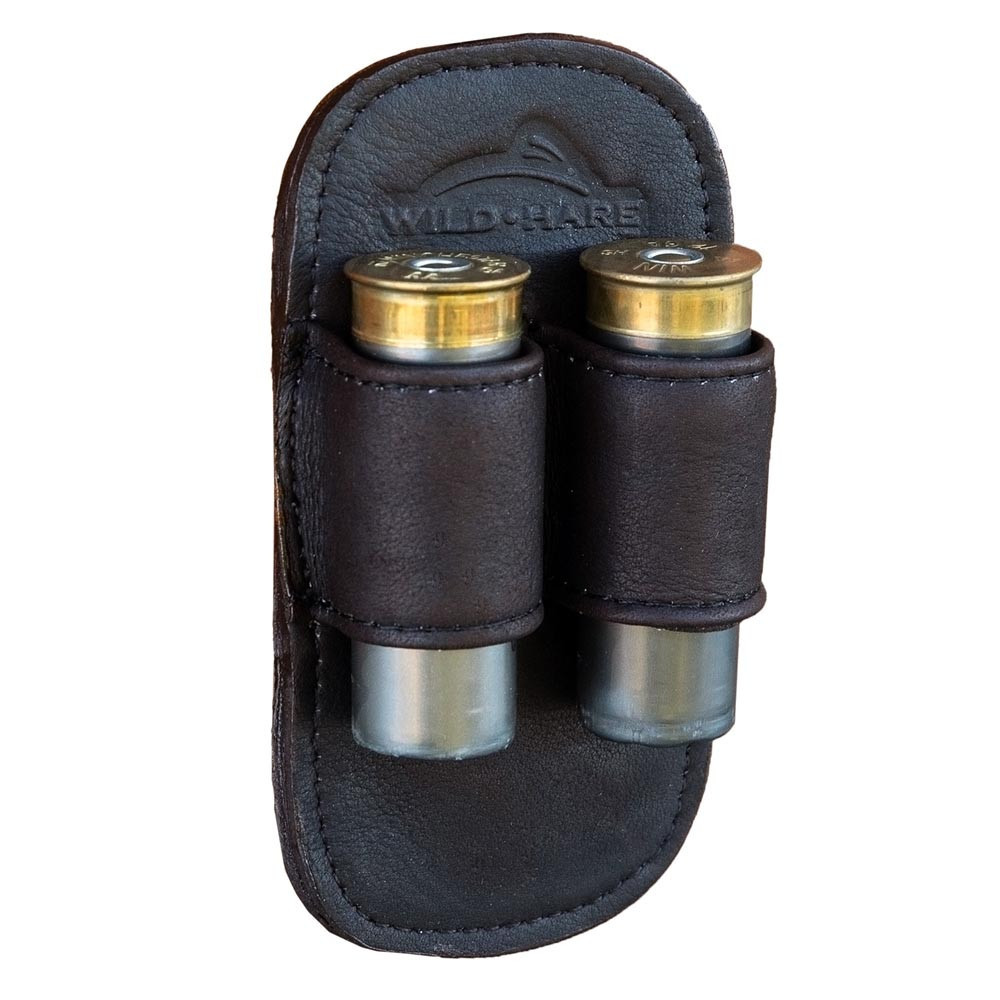Dark brown leather Wild Hare spare pair holder with two shotgun shells.