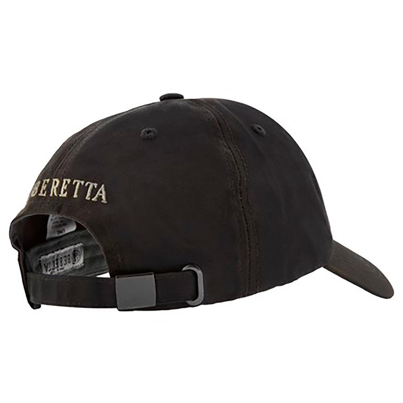 Dark olive green Beretta waxed cotton cap, side view, embroidered logo.