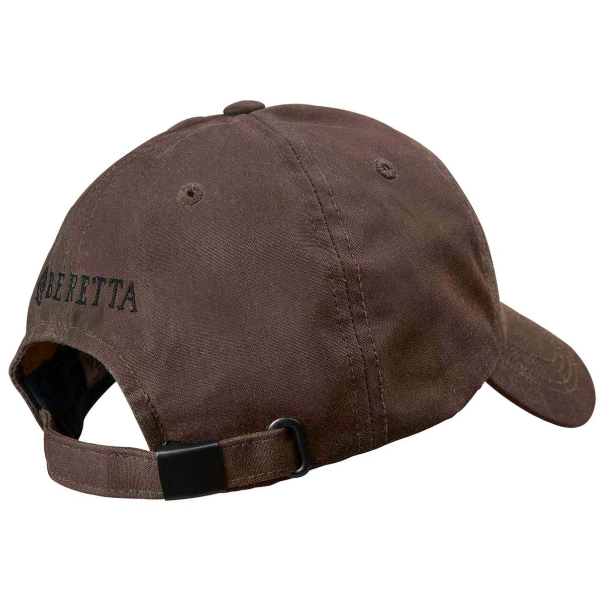 Brown waxed cotton Beretta cap, side view, embroidered logo on back