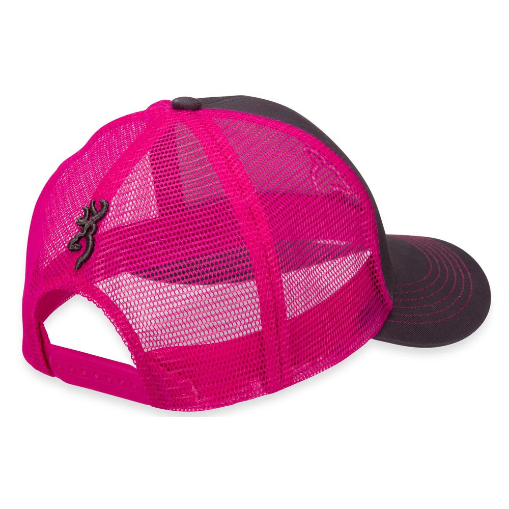 Charcoal gray and neon pink Browning trucker cap, mesh back, side view