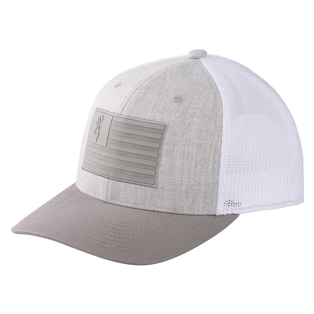 Gray Browning cap with white mesh back and rubberized flag patch.