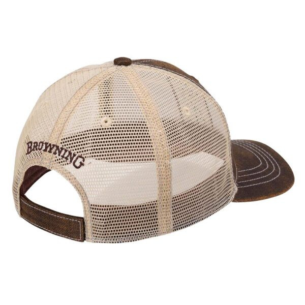Brown Browning mesh trucker cap with embroidered logo, side view.