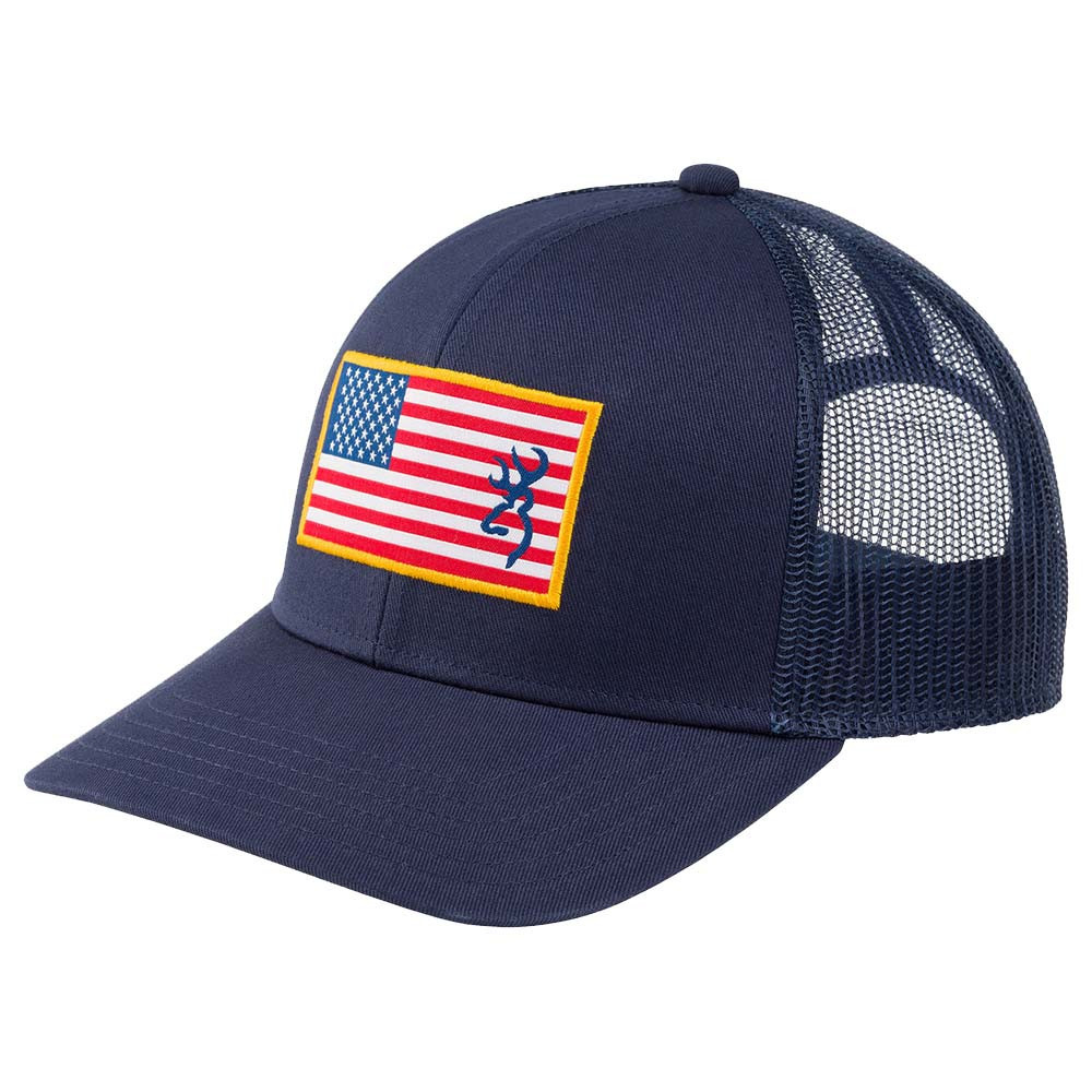 Navy blue Browning trucker hat with American flag and buckmark patch