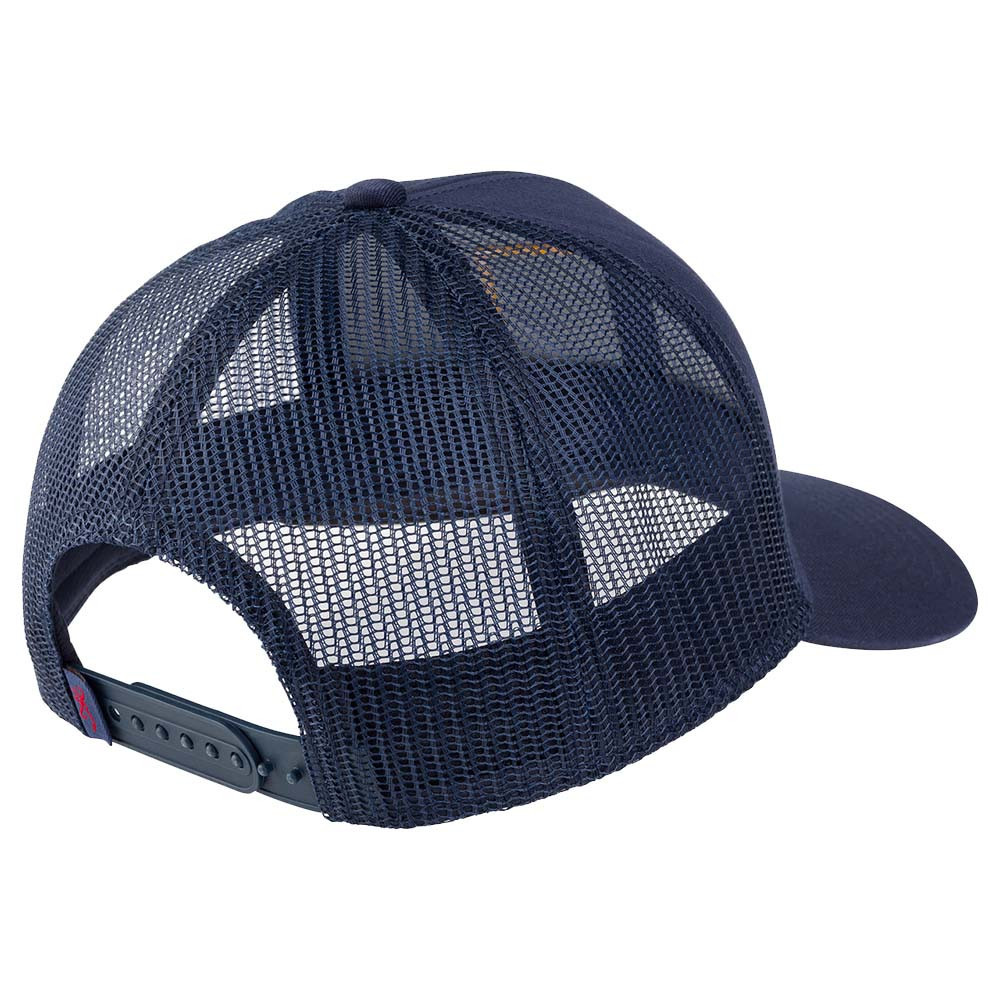 Navy blue Browning trucker hat, mesh back, snap-back closure