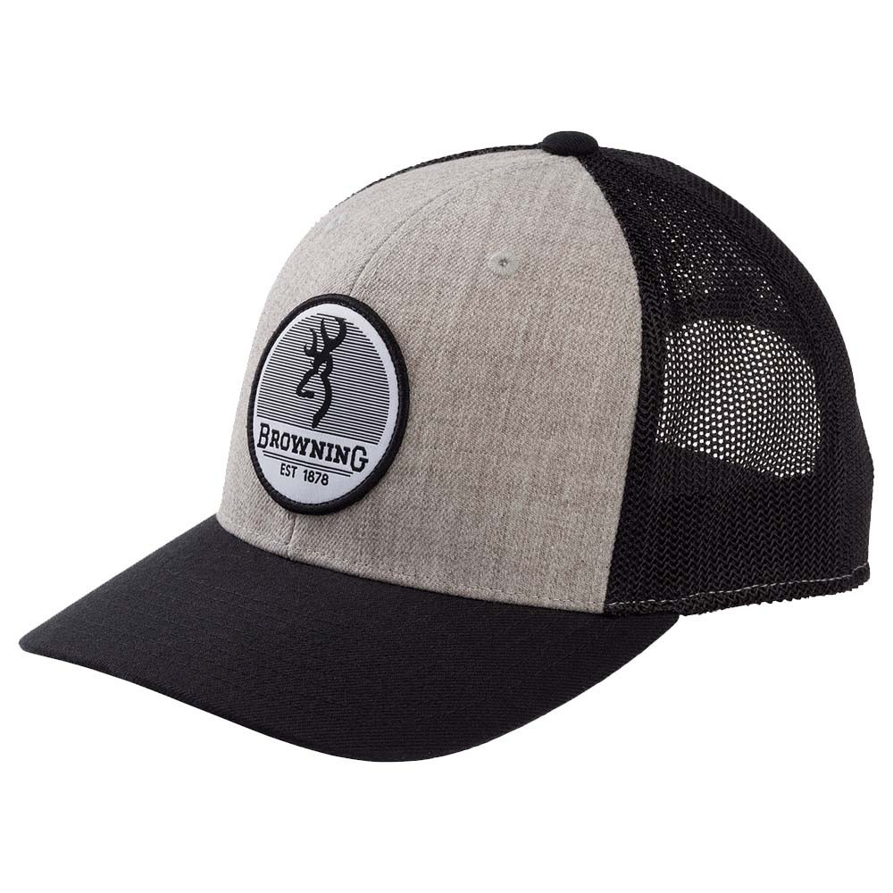 Gray and black Browning trucker hat with mesh back and circular logo