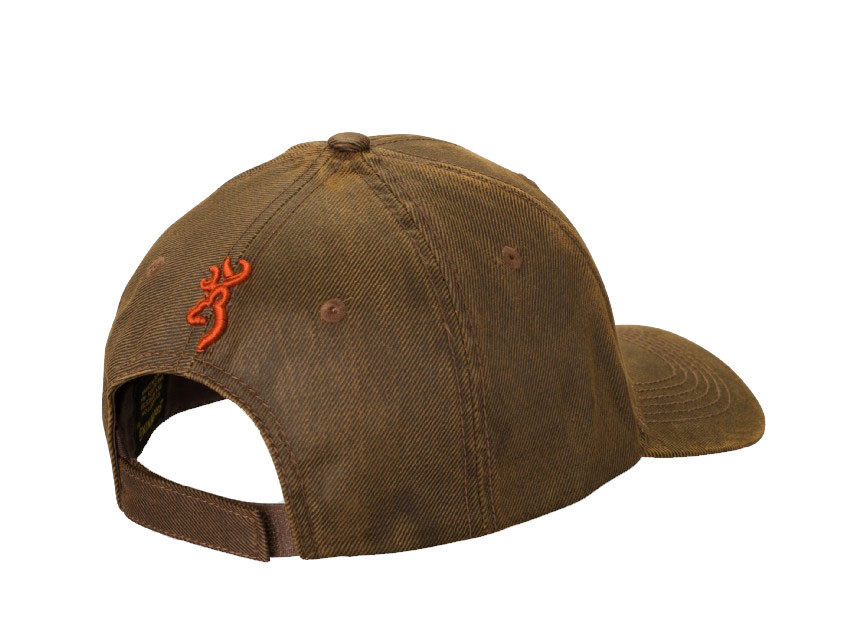 Brown Browning cap with orange buckmark logo, rear view