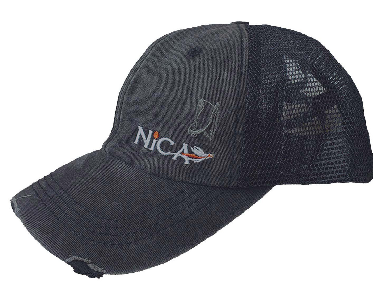 Distressed black Nica trucker hat with embroidered logo and mesh back.