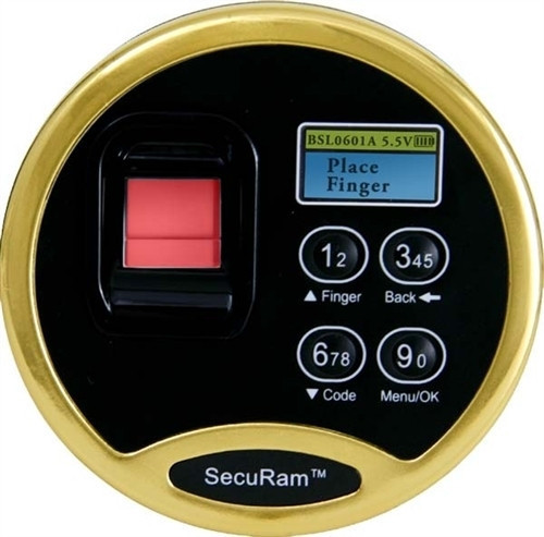 Gold-rimmed SecuRam biometric fingerprint safe lock with keypad and LCD screen.
