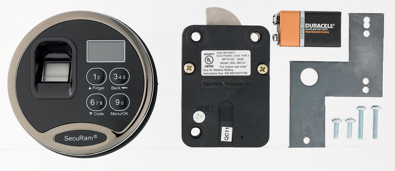 SecuRam biometric lock kit with fingerprint scanner, keypad, lock mechanism, battery, and screws.