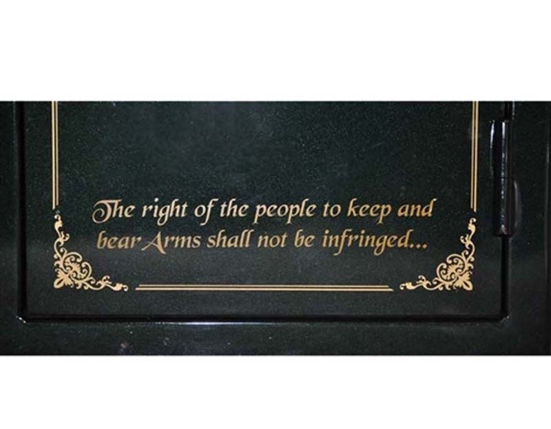 Green safe with gold decal of the 2nd Amendment text