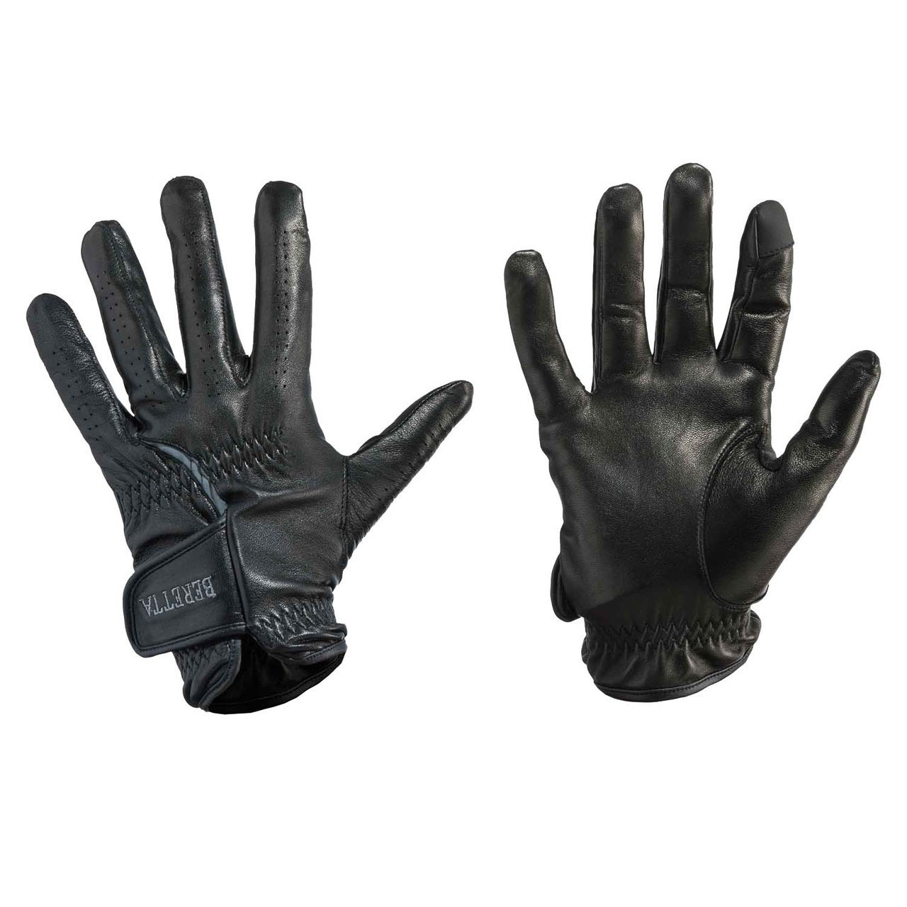 Black leather Beretta shooting gloves, palm and back views, with perforated fingers and touch screen index.